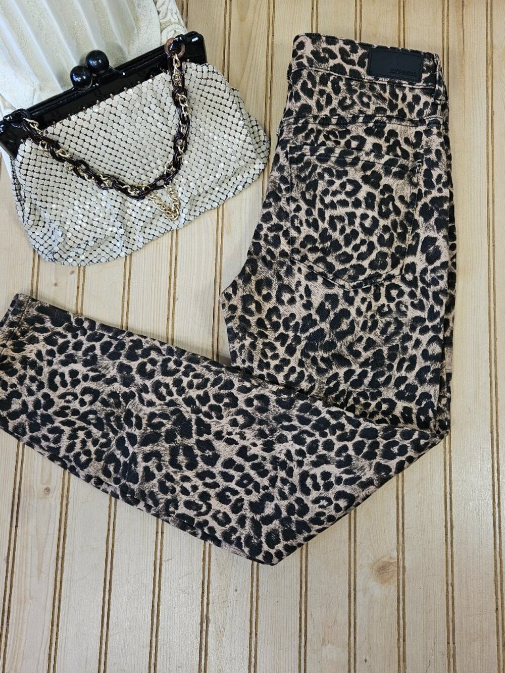 Express Size 2 Tan Cheetah Leopard Print High Rise Ankle Leggings Jeans Stretch